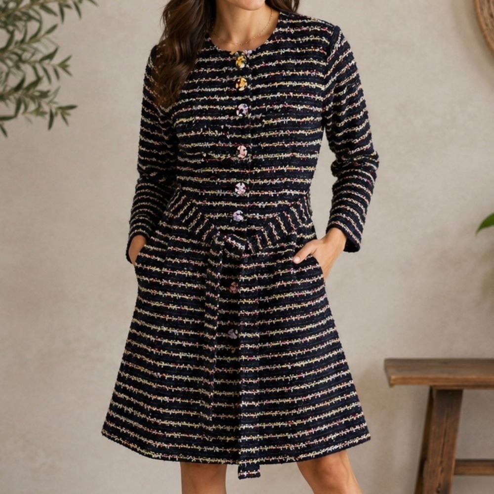 Cabi Celebration Coat 5680 Navy Multi Tweed Floral Buttons Belted Jacket 10